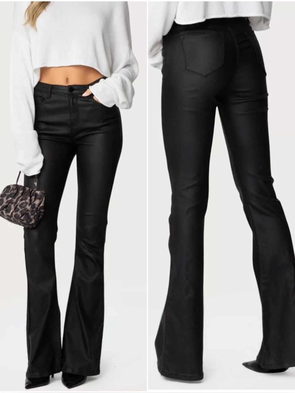 Edikted Luna Faux Leather Flare Jean Black Size Small